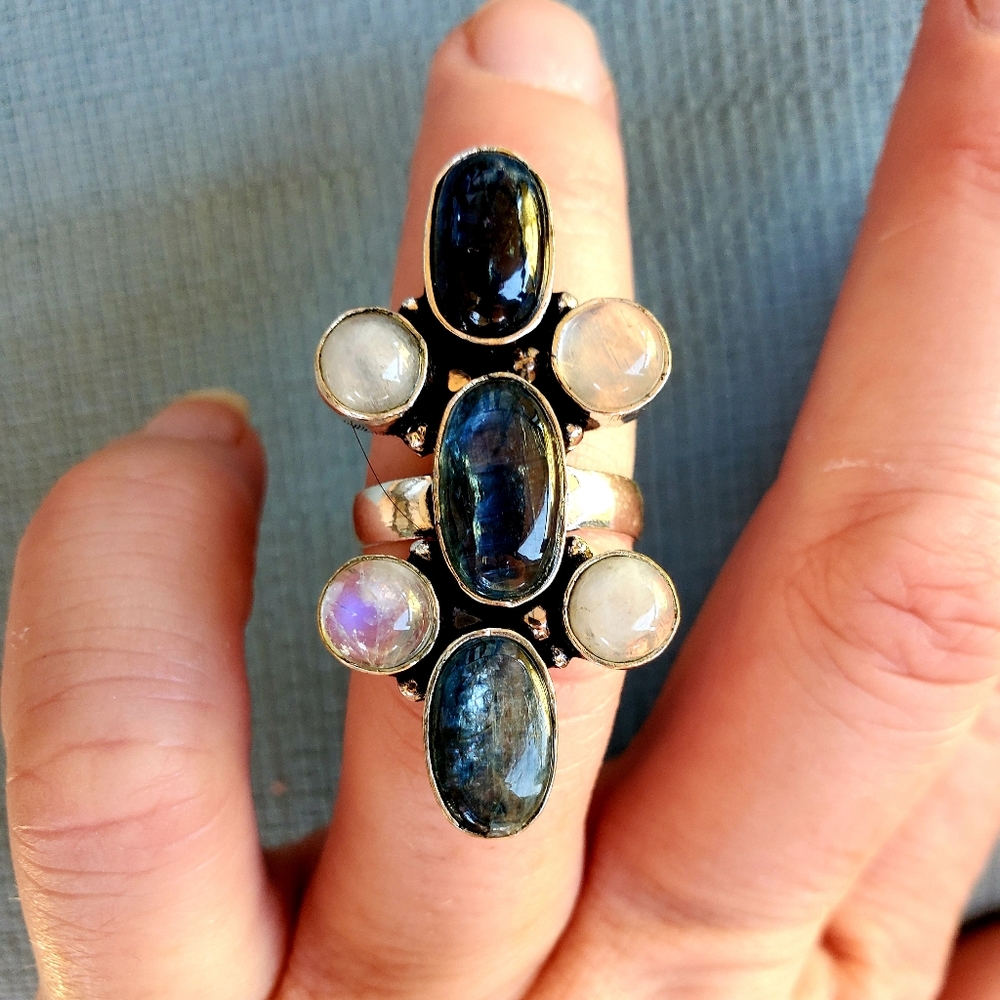 New Kyanite & Rainbow Moonstone 925 Silver Ring.